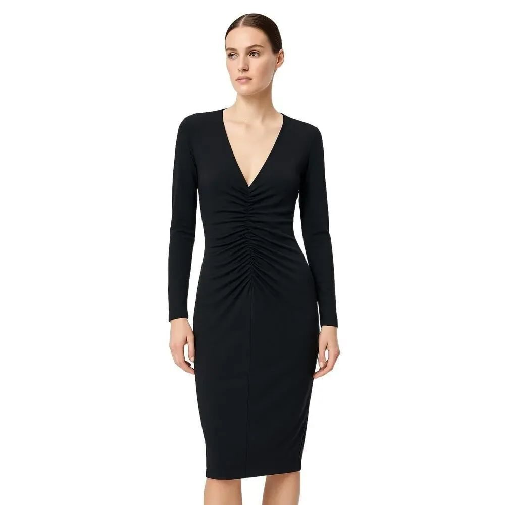 Zara Black Sleek Ruched Minimalist Bodycon Dress Long Sleeves Womens S NWT